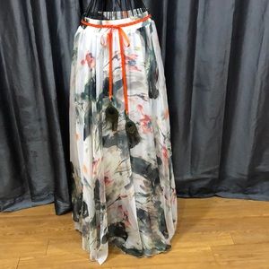 AFIBI Summer Watercolor Chiffon Maxi Skirt w/ Peacock Feathers